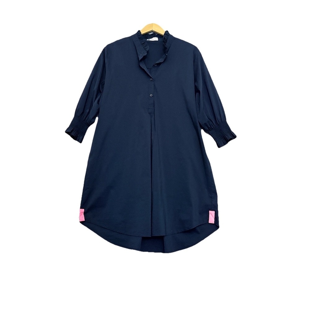 Tuckernuck Caryn Lawn Kimberly Ruffle Collar Preppy Poplin Dress‎ Navy One Size